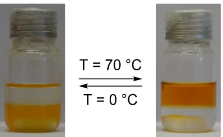 Figure  6:  PEHO-IL-PnPrOx 10   as  thermoresponsive  shuttle  for  an  anionic  water-soluble  Pd- Pd-phosphine complex in the ethyl acetate/water two-phase system