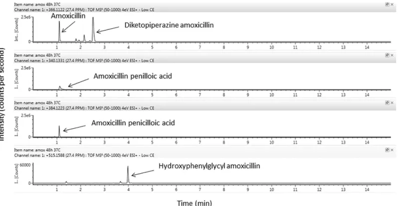 Fig 5. Identification of amoxicillin and its degradation products using ion Trap MS/MS analysis of amoxicillin solutions (50 mg/mL) after 48-hours storage at 37˚C.