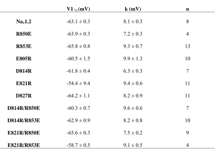 Table 2: Voltage dependence of inactivation of Na v 1.2 and mutant sodium channels  V1  ½  (mV)  k (mV)  n  Na v 1.2  -63.1 ± 0.3  8.1 ± 0.3  8  R850E  -63.9 ± 0.3  7.2 ± 0.3  4  R853E  -65.8 ± 0.8  9.3 ± 0.7  13  E805R  -60.5 ± 1.5  9.9 ± 1.3  10  D814R  