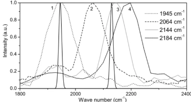 FIG. 1. Spectra of the different probes used. Probe 1 (3), dotted (solid grey) line, is tuned to the initial (final) vibrational frequency of CO bound to the heme (CO at the docking site), respectively