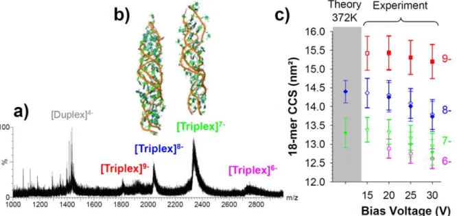 Figure  8:  (a)  ESI-MS  spectra  of  the  18-mer  triplex  d(TC + ) 9 ‐d(GA) 9 ∙d(TC) 9   obtained  from  acidic  conditions  (150  mM  NH 4 OAc  +  acetic  acid)  at  a  bias  voltage  of  20  V  on  a  Synapt  HDMS  ion  mobility instrument