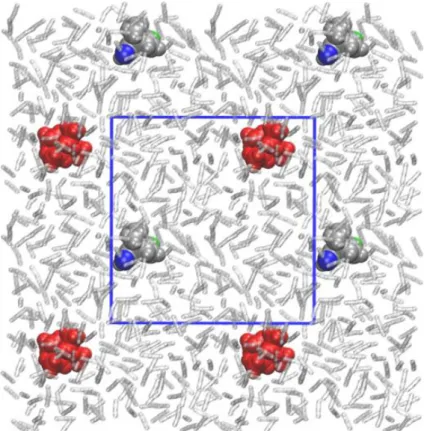 Figure 1. Molecular setup for the QM/MM-simulations: 1 •–  (grey space-filling model, oxygen atoms  in green and blue) forms the QM part, Et 4 N +  (red) and acetonitrile (512 molecules, transparent) forms  the MM part