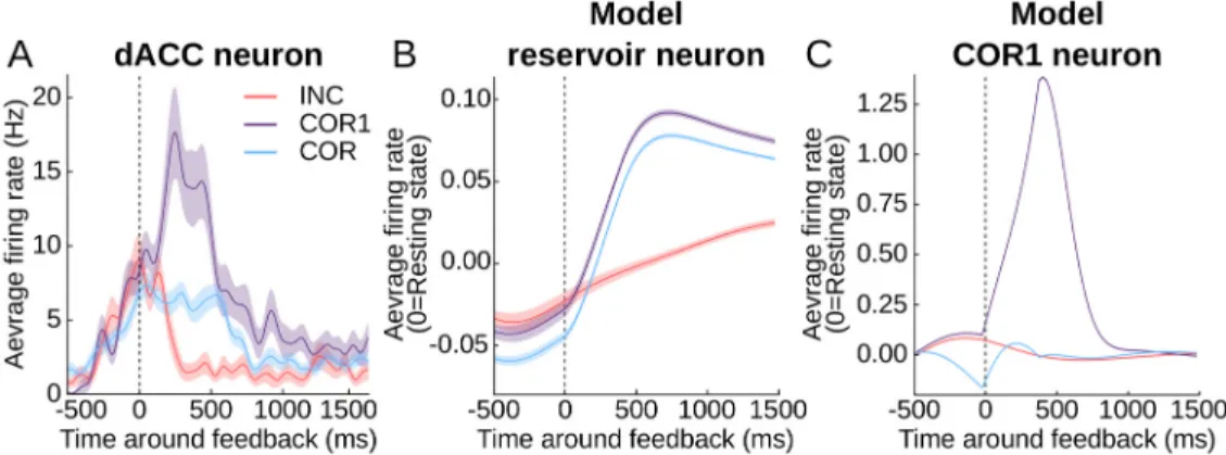 Fig 6. Example activities of reservoir and dACC neurons showing higher activity for feedback in COR1 trials