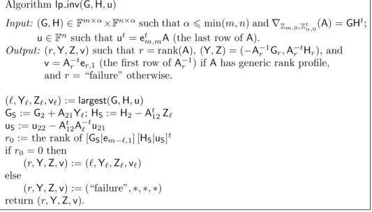 Fig. 6. Algorithm lp inv. Here r denotes the (unknown) rank of A, and A r is the r × r matrix consisting of the first r rows and columns of A