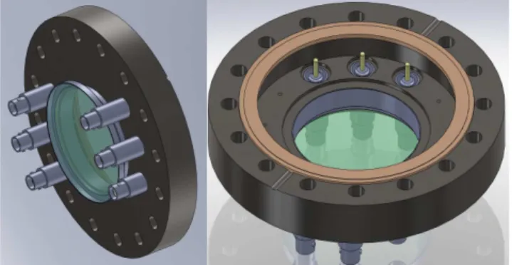 Figure 2: Shematic view of the air side (left) and vacuum side (right) of the DN100CF UHV flange supporting the detector.
