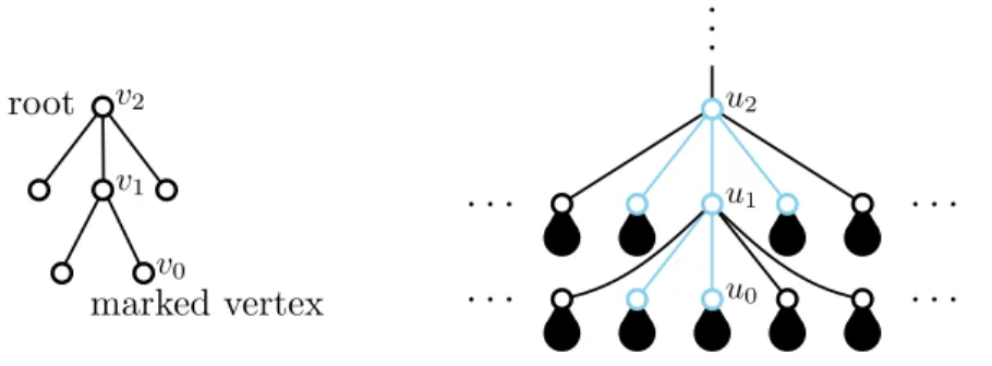Figure 1: Embedding of a pointed plane tree into the tree U ∞ • . Each black blob represents a copy of the Ulam–Harris tree.