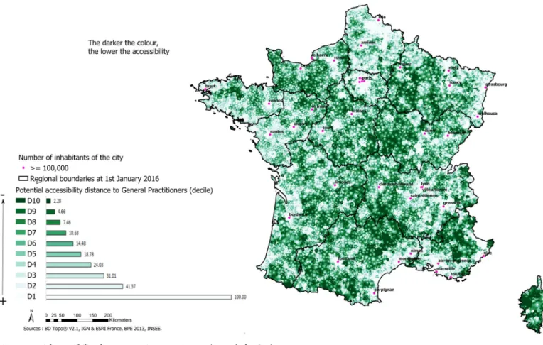 Fig 3. Potential accessibility distance to primary equipment (example for GPs).