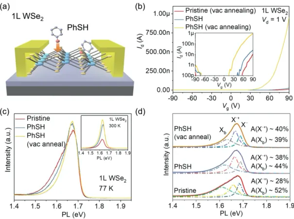 Figure 2. (a) Schematic of back-gated monolayer WSe 2  field-effect transistor (FET) with the  adsorption  of  thiophenol  molecules