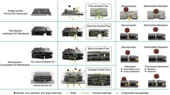 Figure 1. Schematic diagrams summarizing single, few and multi-layered porous GO (taken  here as a model 2D material) membranes with their corresponding microfluidic flowforms and  structural properties