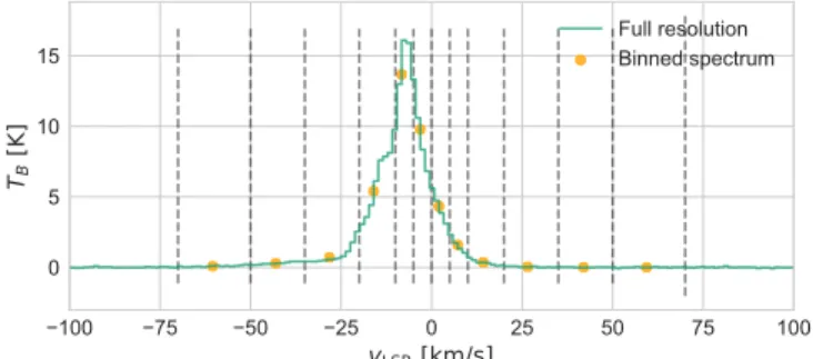 Figure 1. Example of a spectrum at full resolution and of the binning scheme applied for this work