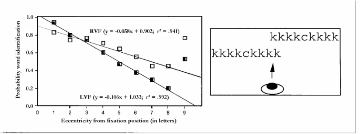 Figure 4 : Recognition probability of letters presented within a sequence of ks,  either fixated on the first letter (open symbols) or on the last letter (closed  symbols; Nazir et al., 1991)