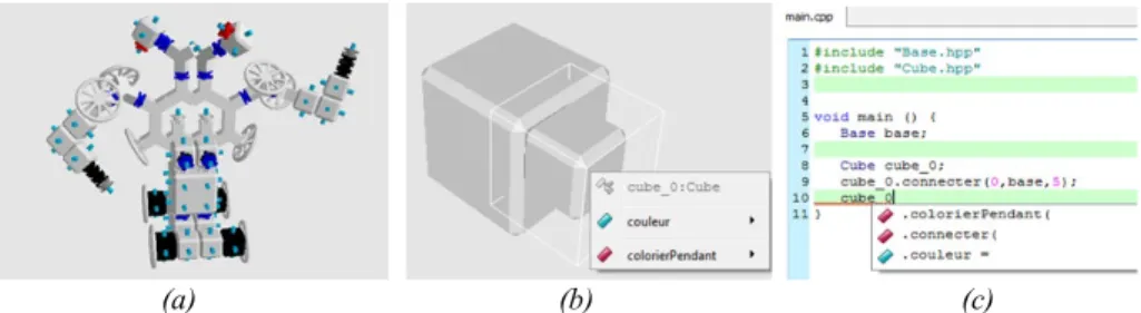 Figure  1.  (a)  A 3D graphic built with PrOgO representing an Object-Oriented  system; (b) and (c) Interactions with objects in PrOgO respectively within its 3D scene  and code editor 