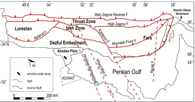 Figure 1-6. Location of the field under study within the Abadan Plain, SW Iran. Modified after Sherkati and Letouzey (2004) and Rajabi et al