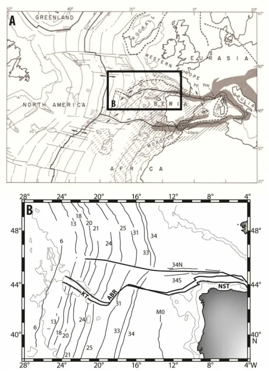 Figure 1.2  A : les plaques tectoniques et leurs limites, considérées dans les reconstitutions géody- géody-namiques (Olivet, 1996), B : Cartes des anomalies magnétiques, présentée dans Filleaudeau (2011) et modiée d'après Roest and Srivastava (1991a)