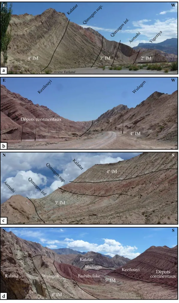 Figure 1.9 – Affleurement des sections d’Aertashi au sud-ouest a.-b. et de la Mine à l’ouest c.-d