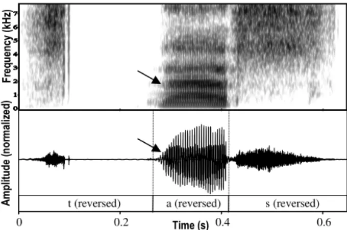Figure 2. Waveform and spectrogram of the reversed  version of the pseudo-word [sat]. The section giving  rise to an epenthetic [n] segment is shown by arrows