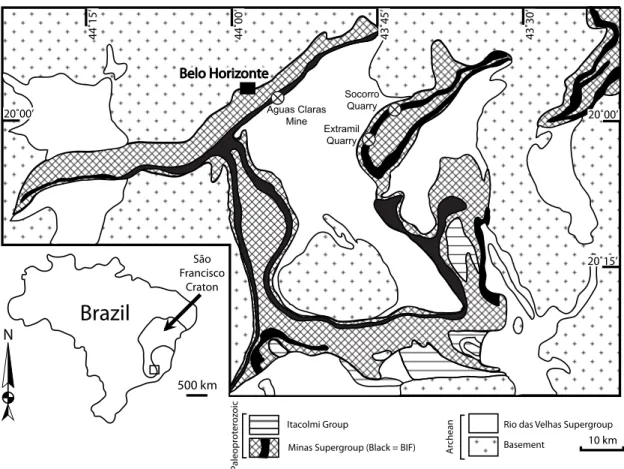 Figure 2.1: Geological map of the Quadrilátero Ferrífero (modified after Spier et al.