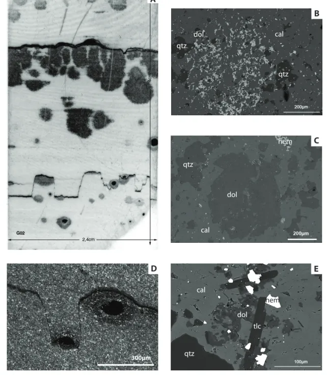 Figure 2.7: Extramil quarry limestone A) Thin section scan of hematite nodules clustered in close proximity to millimetric bands of hematite and overprinting  bed-ding; B) Hematite nodule composed of aggregated euhedral, tabular hematite grains with access