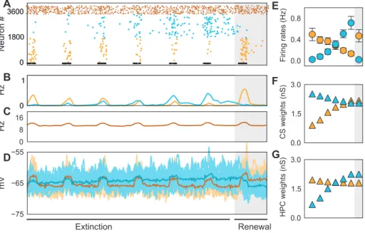 Figure 7. ABA fear renewal. (A) Spiking activity of fear (amber), extinction (cyan) and inhibitory (dark amber) neurons during extinction and renewal (gray shaded region)