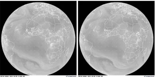 Figure 6: Images du satellite METEOSAT du 09/10/2013 entre 12h et 21h, il est possible d'observer l'évolution du champ  de vapeur d'eau océanique (à l'est de l'Argentine et d'États Unis) et continentale (Formations dans l'Afrique Centrale) 