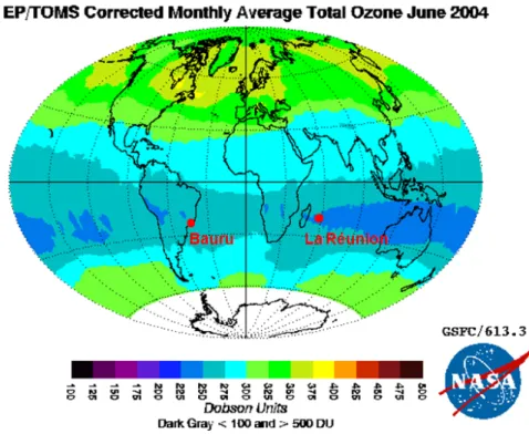 Figure 3.6  Distribution mondiale des colonnes d'Ozone totales en juin 2004 à partir des mesures du satellite EPTOMS.