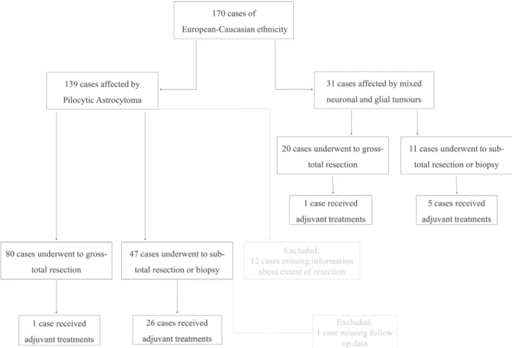 Figure 2: The flow chart of patient selection, including histological and extension of surgical resection criteria