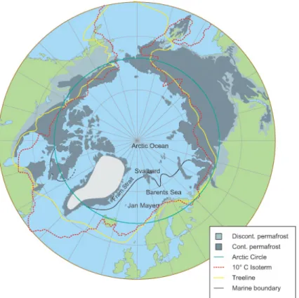 Figure 1-7 – Several definitions of the Arctic boundary: the Arctic Circle (green), the 10 ∘ C summer isotherm (red), the tree line (yellow), the marine salinity boundary (black) and the location of permafrost (gray)