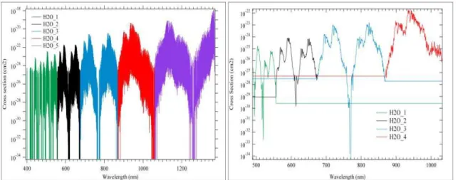 Figure  10.  Spectres  de  raies  à  haute résolution  de  la  base  de  données  HITRAN  2008  (à  gauche),  et  sections efficaces convoluées à la résolution de l’instrument (à droite) 