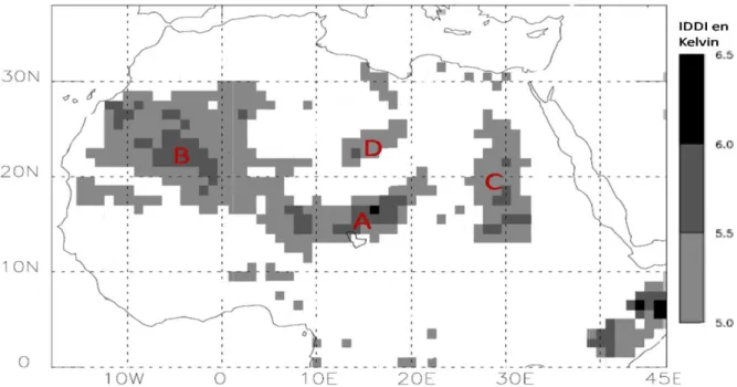 Figure  2.3:  Moyenne  annuelle  de  l’IDDI  de  METEOSAT 1993indiquant la localisation des 