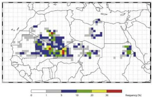 Figure 2.5: La fréquence mensuelle d’activation des zones sources d’aérosols en Afrique de  l’Ouest pour le mois de Juillet 2006 (Schepanski et al., 2007) 