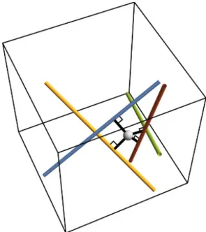 FIG. 2: Top: 7 rays of light are traversing through a 2D slice of a 3D voxel-array, rays 1.1, 1.2, 2.1, and 2.2 are moving  par-allel to the plane of the slice, while 3.1, 3.2, and 3.3 (denoted by a ×) are perpendicular to plane
