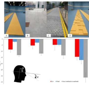 Figure 2.14 – Top: Illustrations of the different indoor (A&amp;D) and outdoor (B&amp;C) types of ground used during the experiment of Thomas et al