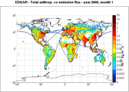 Figure 2.2 – Emission annuelle de CO anthropique lors de l’année 2000 selon l’inventaire EDGAR (Source : EC-JRC/PBL