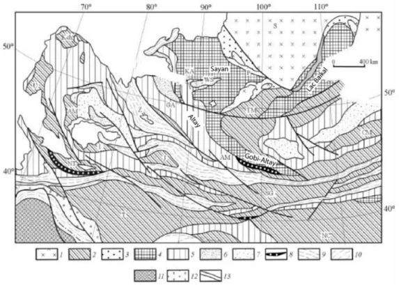 Figure I.3 : Héritage structural de la région Mongolie-Sibérie (d’après Mossakovsky et al.,  1993)