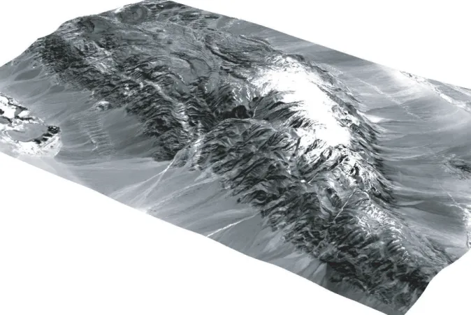 Figure II.3 : MNT du massif d’Ih Bogd (Gobi-Altay), réalisé à partir de données SRTM,  habillé avec une image SPOT orthorectifiée