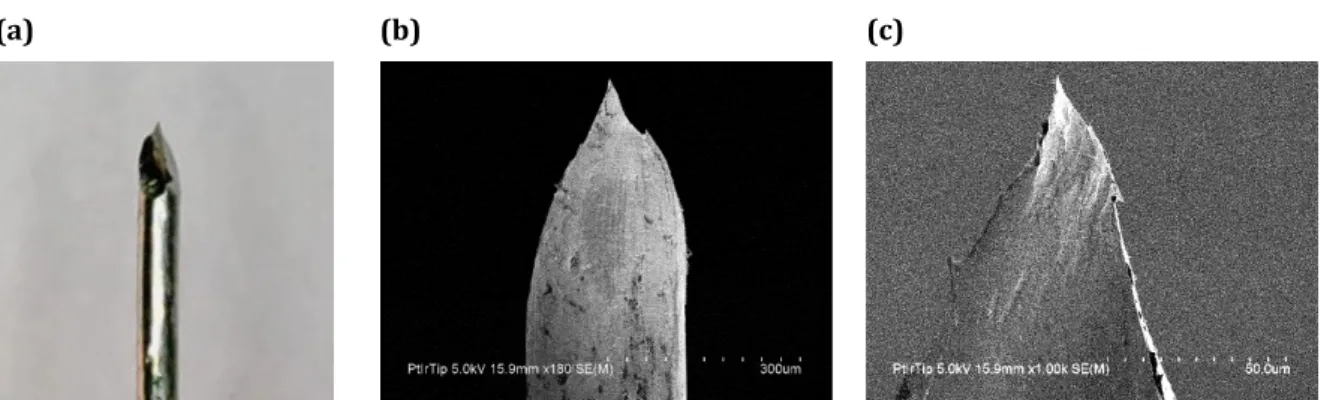 Figure  2.12:  Pt-Ir  STM  tip  made  by  the  cut-and-pull  technique.  Images  taken  with  an  optical  microscope (a) and taken via a scanning electron microscope (b) – (c)