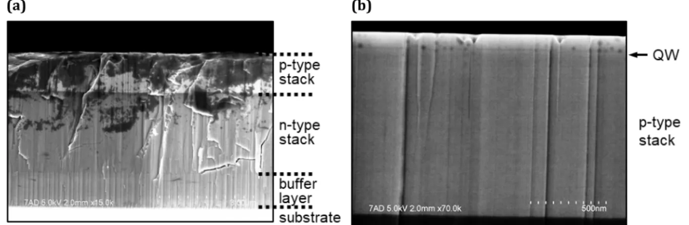 Figure 3.3: SEM images of S90 in cross section. (a)  The contrast appears between the different  layers of the structure