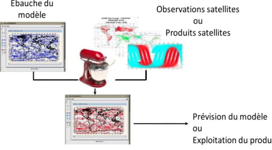 Figure I.3. Schéma illustrant l’assimilation d’observations satellites au sein d’un modèle.