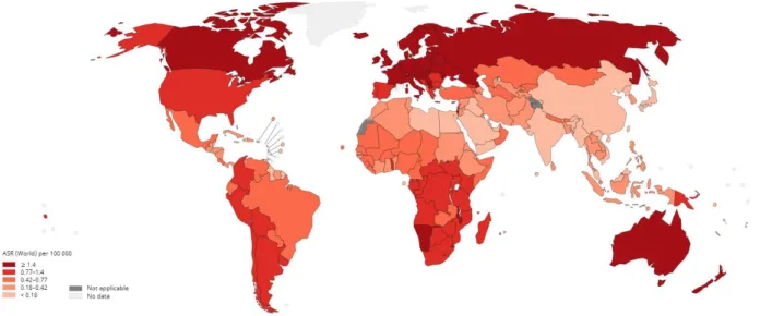 Figure 13 : Mortalité du mélanome standardisée sur l’âge de la population mondiale par sexe, en  2018 