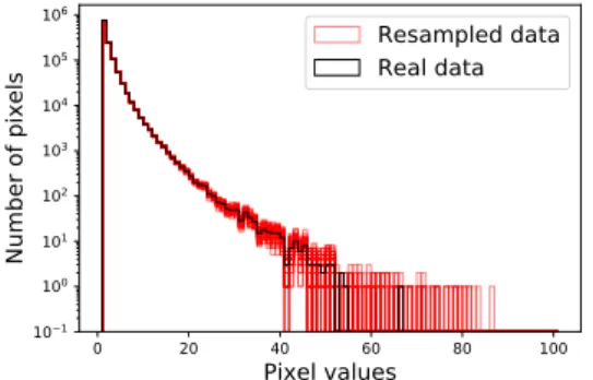 Figure 6.19 presents the histograms of the real data cube of Cassiopeia A as seen by Chandra between 5.5 and 7.5 keV and the resampled data sets obtained thanks to our method