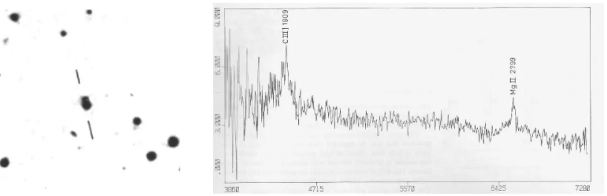 Fig. 13 – PB7348. À gauche image agrandie du POSS-I (O) (champ 3,8’ × 3,8’). À droite spectrographie ESO 3.6+IDS de la composante sud