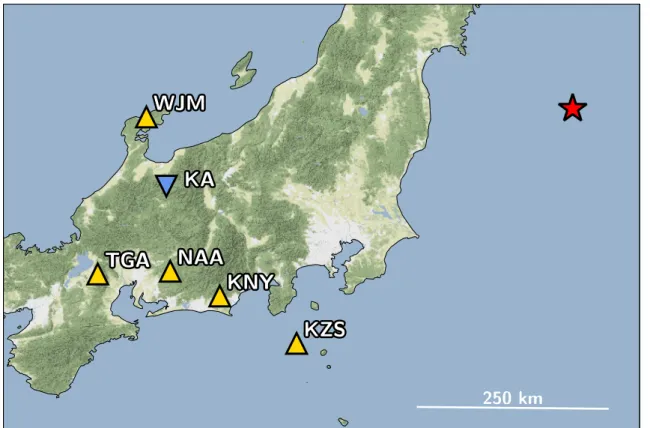 Figure 2.2 – Map of the superconducting gravimeter and selected seismometers. Locations of the epicenter (red star), the Kamioka observatory (reversed blue triangle) and five nearest F-net seismic stations (yellow triangles).