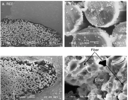 Figure 1.23: Microstructures observ´ ees au MEB d’un composite de r´ ef´ erence et d’un composite avec filler siliceux (particules de 200nm) [88]