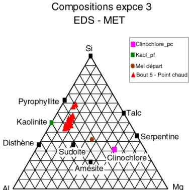 Figure 35 : Composition dans un triangle Si-Al-Mg (projection depuis H 2 O) des minéraux  précipités dans l’expérience 3