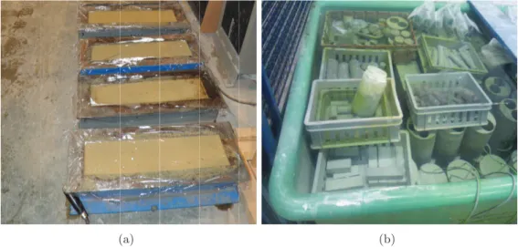 Figure 2.1 – Fabrication du béton : (a) coulage dans un coﬀrage prismatique, avec protec- protec-tion vis-à-vis de l’air par un ﬁlm plastique en surface, et (b) maturaprotec-tion sous eau saturée en chaux à température ambiante.