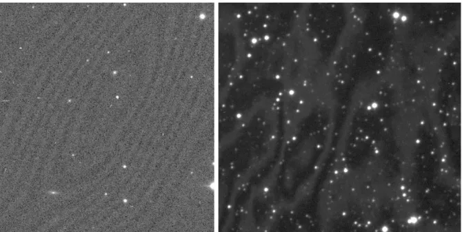 Figure 5.6: Left: fringing pattern residuals in a DECam image. Right: fringing pattern residuals in a Megacam image.