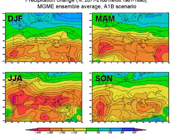 Figure  2.2  :  Simulations  des  changements  moyens  des  précipitations  obtenues  à  partir  de  l’ensemble  MGME  (Multi  Global  Model  Ensemble),  entre  les  périodes  1961–1990  et  2071–