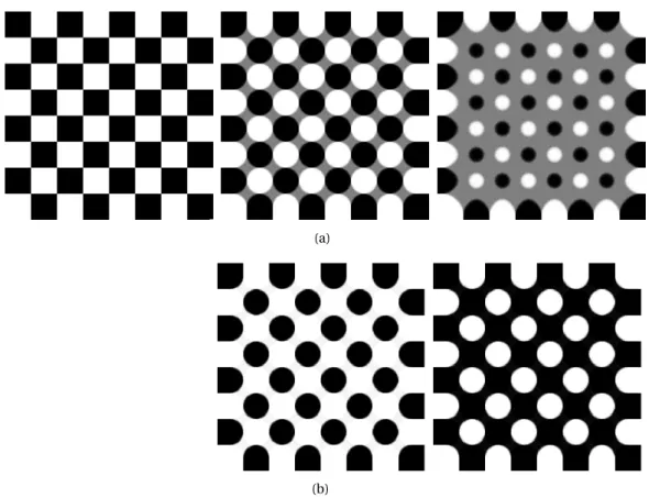 Figure 1.6: Checkerboard image (upper-left corner) evolving by mean curvature motion. (a) For bounded uniformly continuous initial data, the level set is uniquely defined