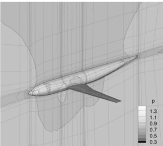 Fig. 2 – Iso-valeurs de la pression autour de la configuration « DLR-F6 » 10 (fuselage et ailes) pour la prédiction des performances