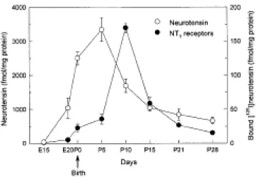 Figure  1.  Ontogeny  of  neurotensin  and  NT 1   receptors  in  the  rat  brain.  Left  axis  represents neurotensin levels, measured by radioimmunoassay, in whole brain  homogenates